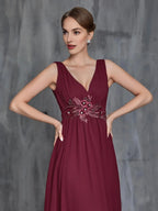 Fashion A-Line V Neck Sleeveless Zipper Up Sweep/Brush Train Prom Dress