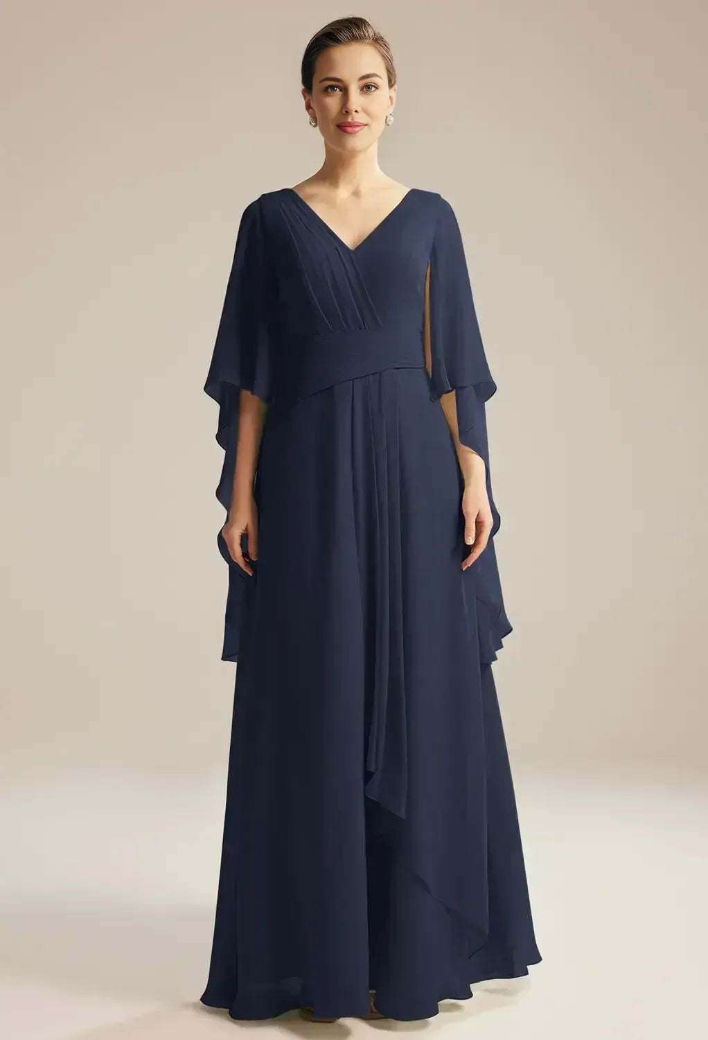 Fashion A-line V Neck Butterfly Sleeves Pleated Floor Length Mother of the Bride Dress