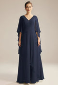 Fashion A-line V Neck Butterfly Sleeves Pleated Floor Length Mother of the Bride Dress