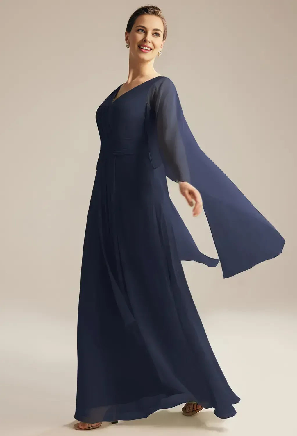 Fashion A-line V Neck Butterfly Sleeves Pleated Floor Length Mother of the Bride Dress