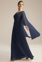 Fashion A-line V Neck Butterfly Sleeves Pleated Floor Length Mother of the Bride Dress
