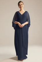Fashion A-line V Neck Butterfly Sleeves Pleated Floor Length Mother of the Bride Dress