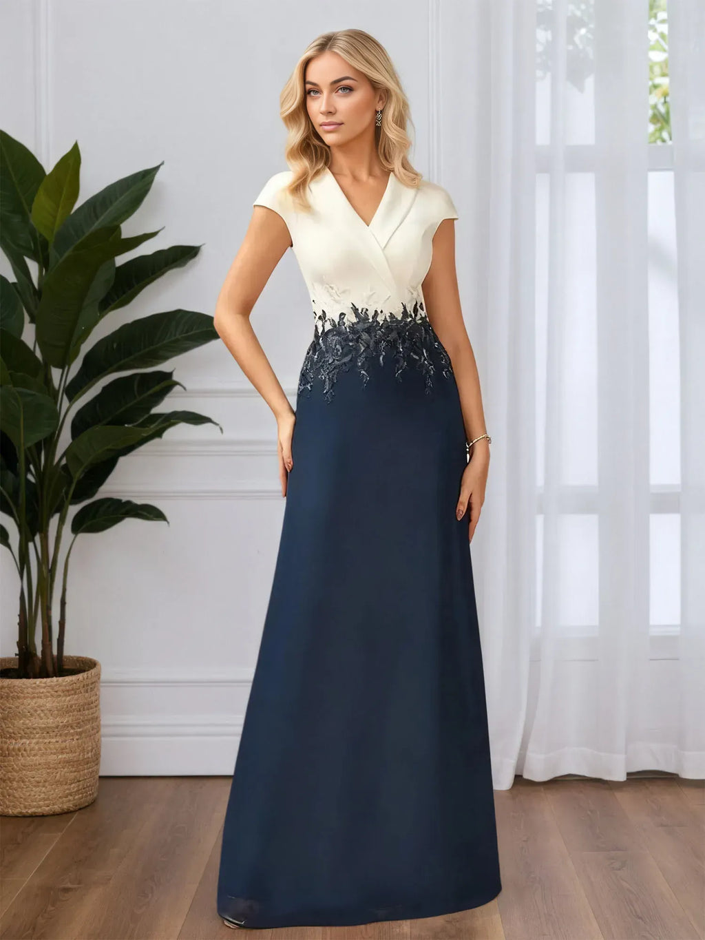 Fashion A-line V Neck Sleeveless Appliques Floor-Length Mother of the Bride Dress