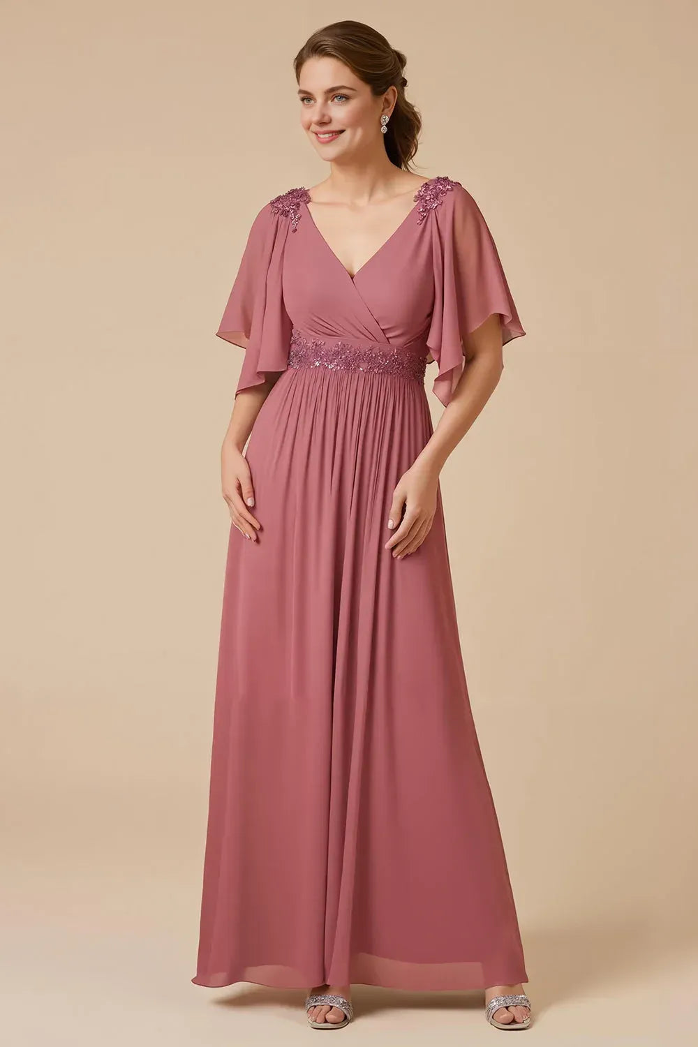 Fashion A Line Flutter Sleeve V Neck Appliques Floor-Length Mother Of The Bride Dress
