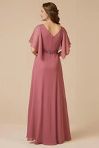 Fashion A Line Flutter Sleeve V Neck Appliques Floor-Length Mother Of The Bride Dress