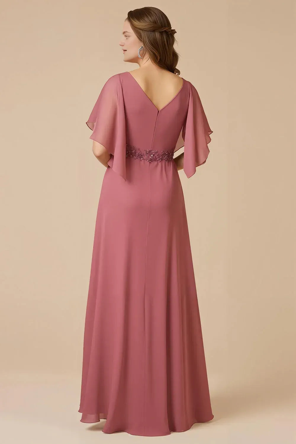 Fashion A Line Flutter Sleeve V Neck Appliques Floor-Length Mother Of The Bride Dress