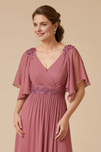 Fashion A Line Flutter Sleeve V Neck Appliques Floor-Length Mother Of The Bride Dress