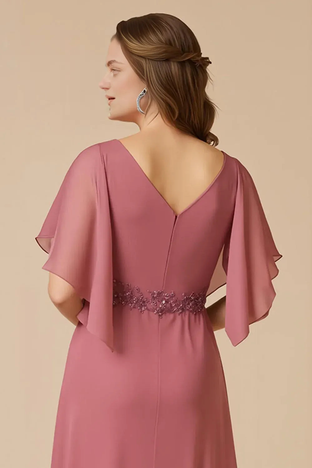 Fashion A Line Flutter Sleeve V Neck Appliques Floor-Length Mother Of The Bride Dress