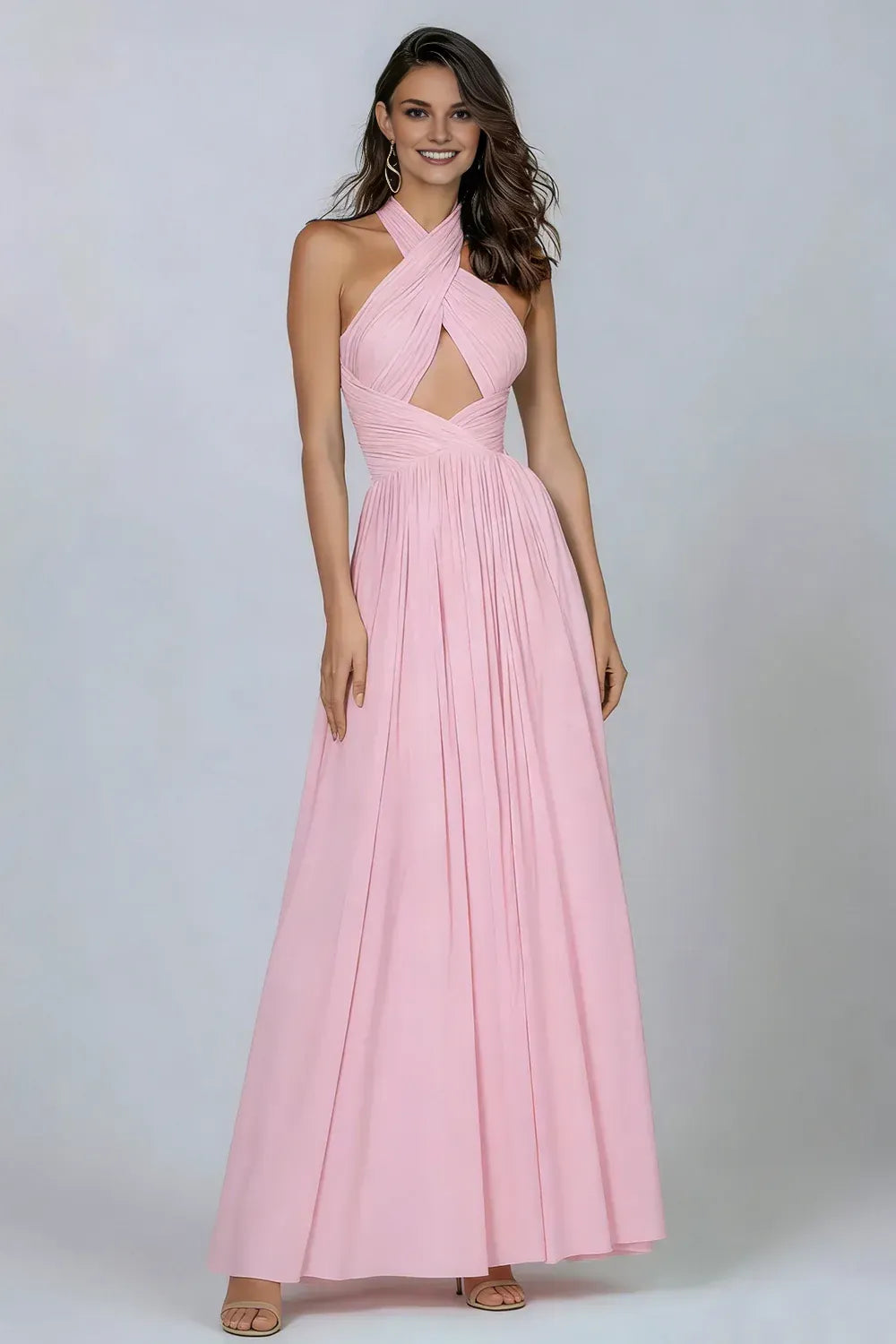 Fashion A Line Halter Neck Sleeveless Backless Pleated Floor-Length Prom Dress