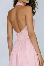 Fashion A Line Halter Neck Sleeveless Backless Pleated Floor-Length Prom Dress