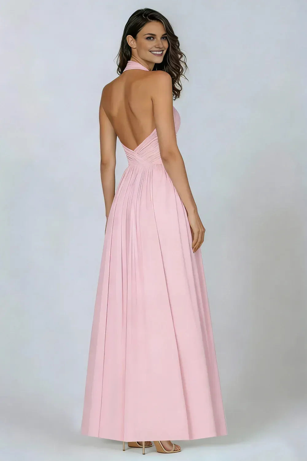 Fashion A Line Halter Neck Sleeveless Backless Pleated Floor-Length Prom Dress