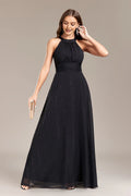 Fashion A Line Halter Neck Sleeveless Open Back Floor-Length Prom Dress