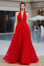 Fashion A Line Halter Neck Sleeveless Ruched Floor-Length Prom Dress