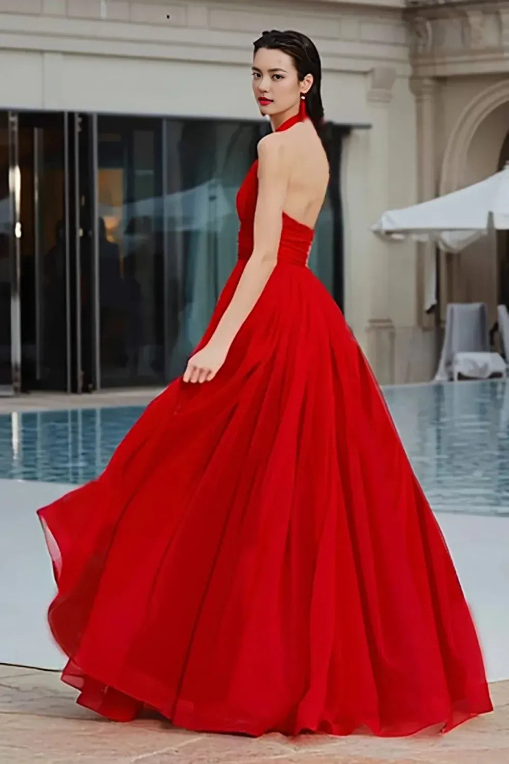 Fashion A Line Halter Neck Sleeveless Ruched Floor-Length Prom Dress