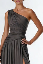 Fashion A Line One Shoulder Sleeveless Backless Slit Floor-Length Prom Dress