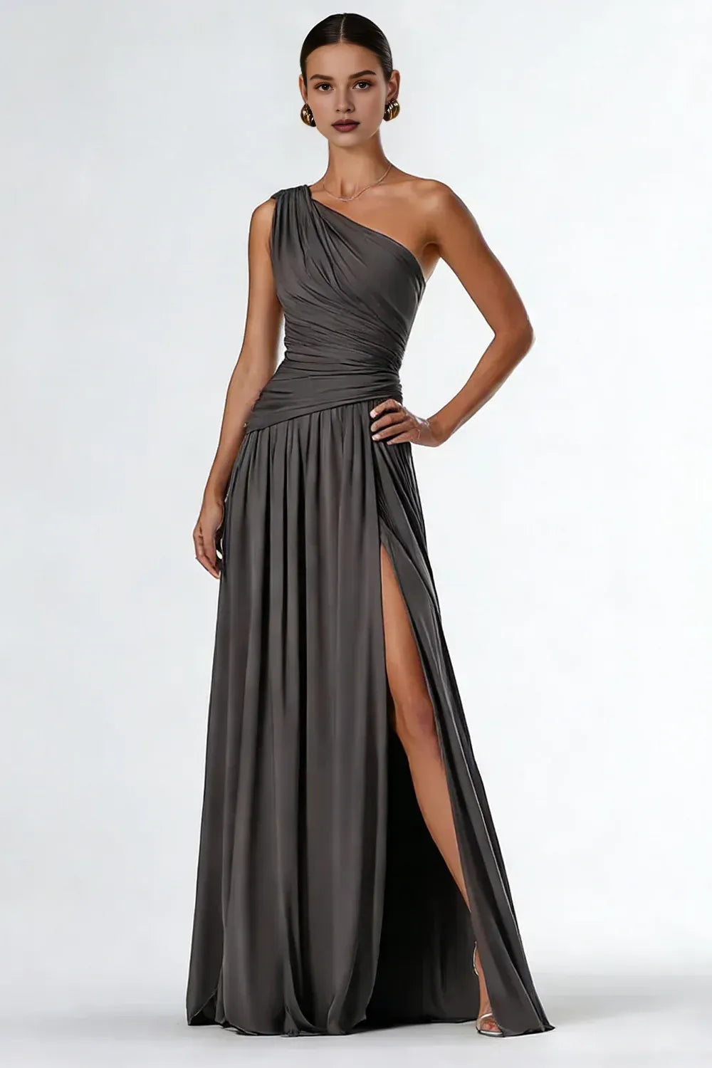 Fashion A Line One Shoulder Sleeveless Backless Slit Floor-Length Prom Dress