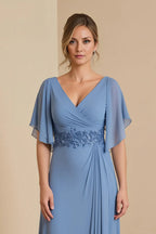 Fashion A Line V-Neck Flutter Sleeve Zipper Up Floor-Length Mother of the Bride Dress