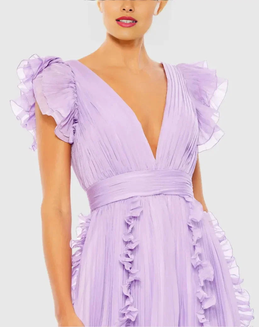 Fashion A Line V Neck Cap Sleeve V Back Sweep/Brush Train Prom Dress