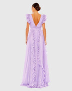 Fashion A Line V Neck Cap Sleeve V Back Sweep/Brush Train Prom Dress