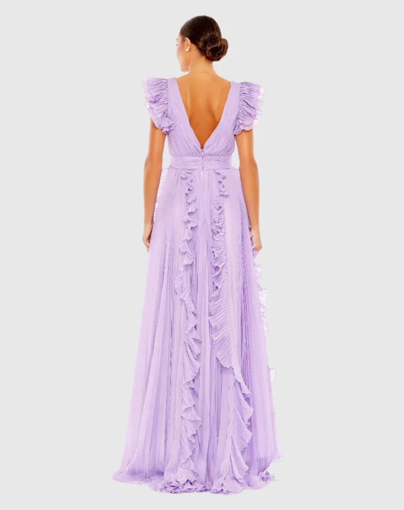 Fashion A Line V Neck Cap Sleeve V Back Sweep/Brush Train Prom Dress
