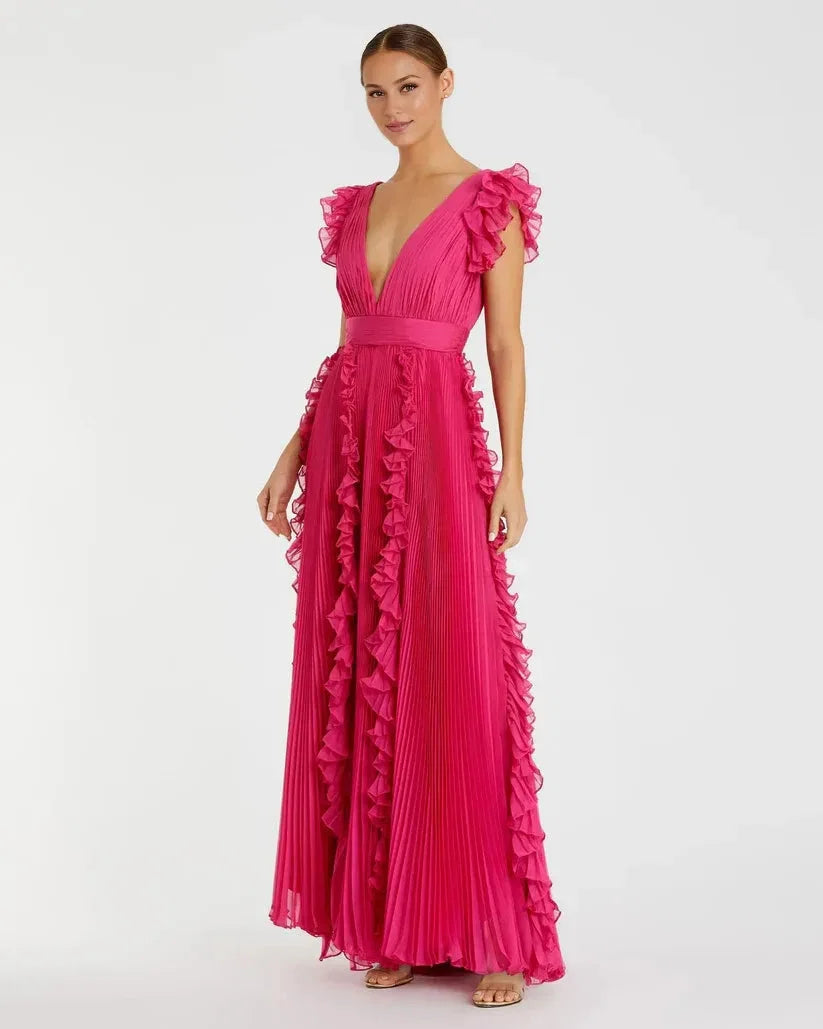 Fashion A Line V Neck Cap Sleeve V Back Sweep/Brush Train Prom Dress