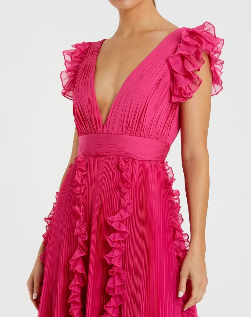 Fashion A Line V Neck Cap Sleeve V Back Sweep/Brush Train Prom Dress