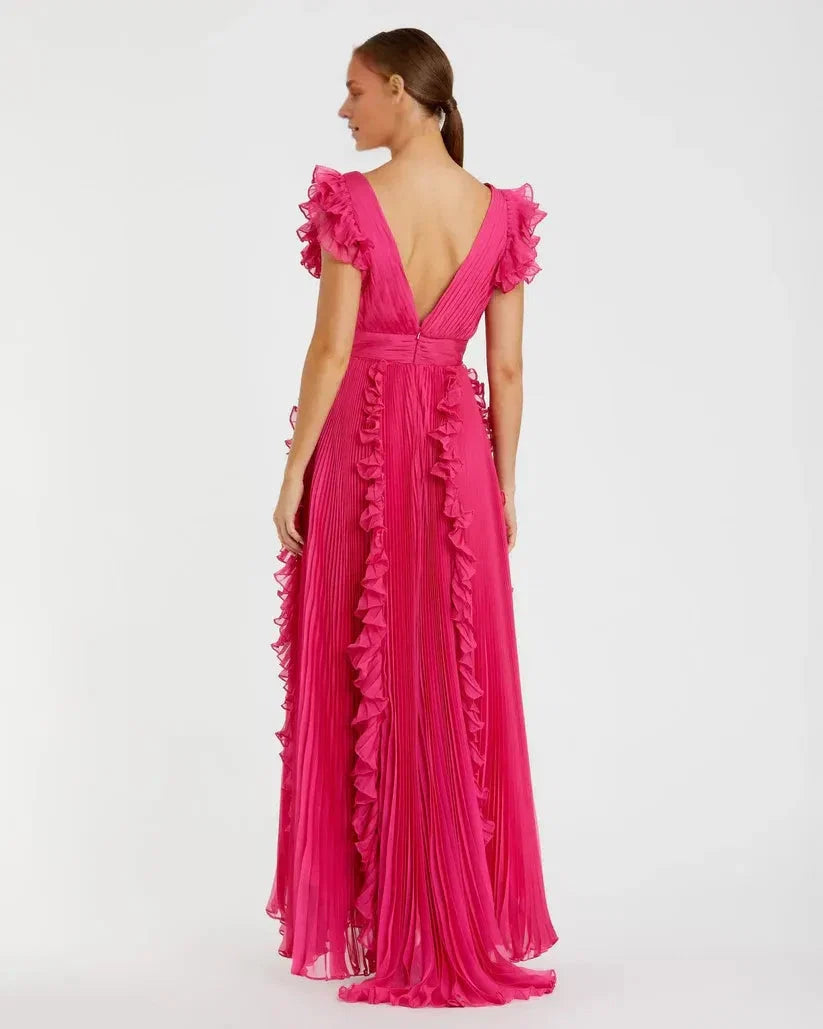 Fashion A Line V Neck Cap Sleeve V Back Sweep/Brush Train Prom Dress
