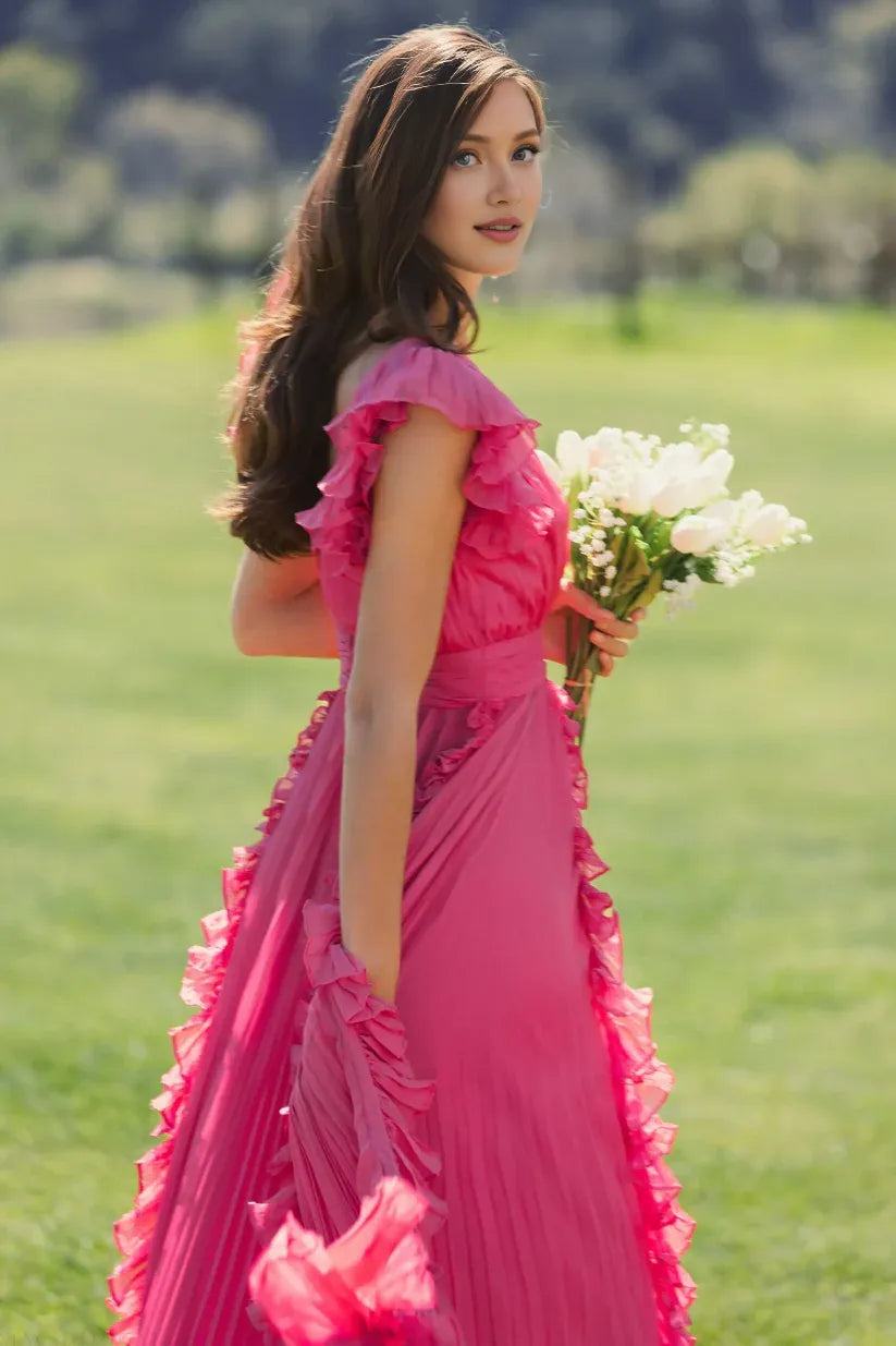 Fashion A Line V Neck Cap Sleeve V Back Sweep/Brush Train Prom Dress