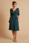 Fashion A Line V Neck Sleeve Back Zip Tea-Length Mother of the Bride Dress