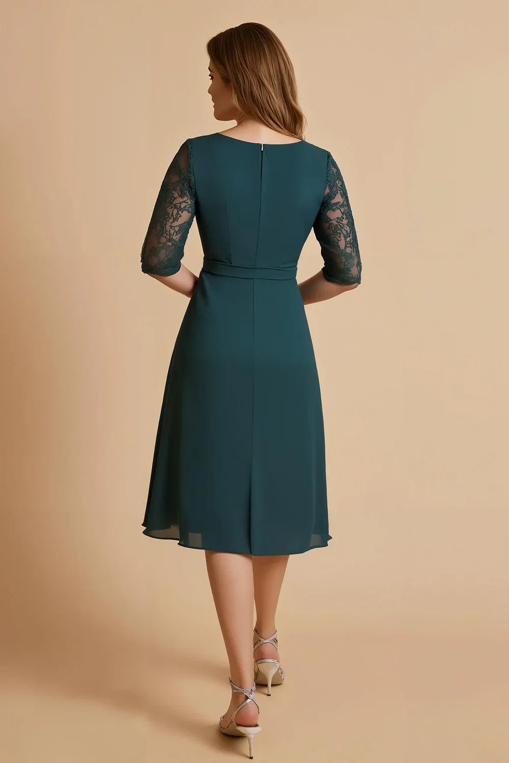 Fashion A Line V Neck Sleeve Back Zip Tea-Length Mother of the Bride Dress