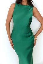 Fashion Boat Neck Low Open Back Pleated Floor-Length Dress Emerald Mermaid Sleeveless Solid Color Prom Dress