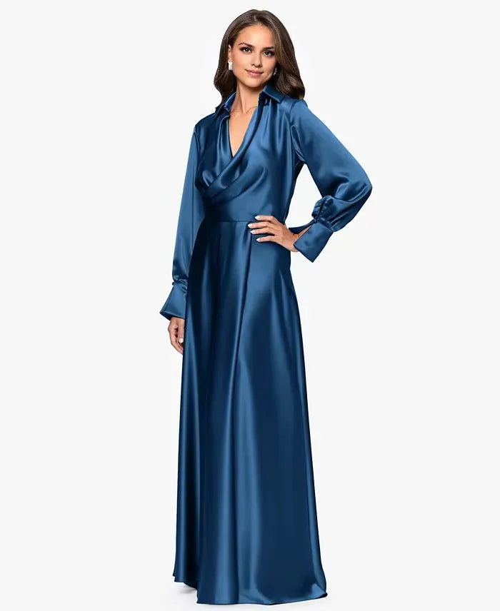 Fashion Column Collared Neck Long Sleeve Pleated Floor-Length Prom Dress