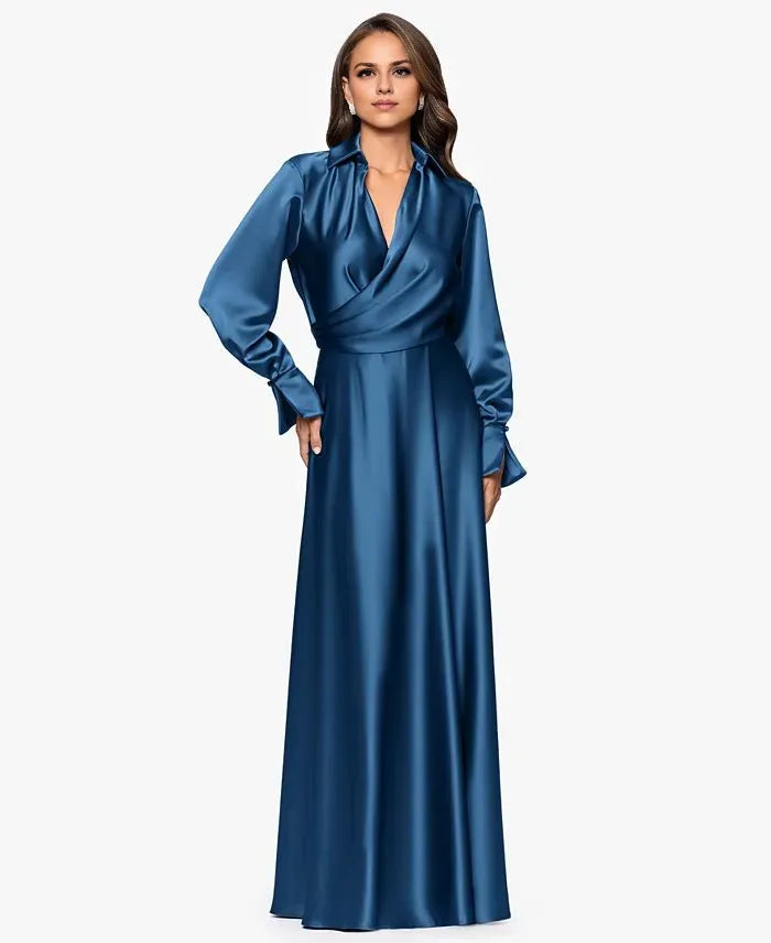 Fashion Column Collared Neck Long Sleeve Pleated Floor-Length Prom Dress