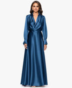 Fashion Column Collared Neck Long Sleeve Pleated Floor-Length Prom Dress