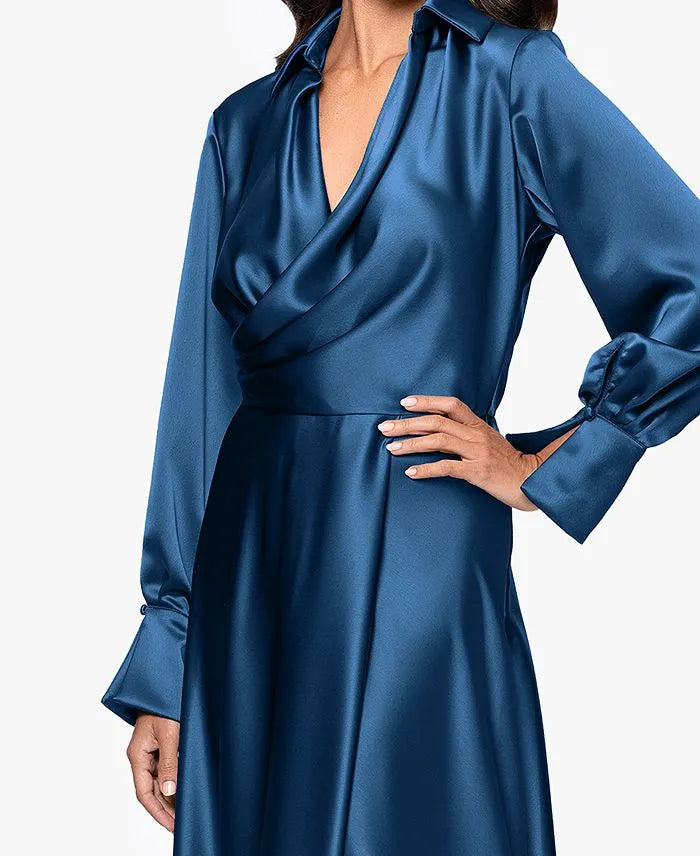 Fashion Column Collared Neck Long Sleeve Pleated Floor-Length Prom Dress