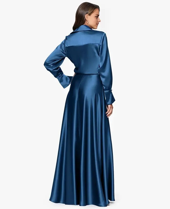 Fashion Column Collared Neck Long Sleeve Pleated Floor-Length Prom Dress