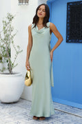 Fashion Cowl Neck Open Back Floor-Length Dress Sage Sheath Sleeveless Solid Color Prom Dress