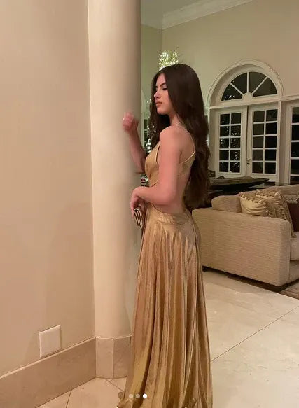 Fashion Deep V Neck Sleeveless A-Line Metallic Ruched Long Prom Gown