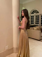Fashion Deep V Neck Sleeveless A-Line Metallic Ruched Long Prom Gown