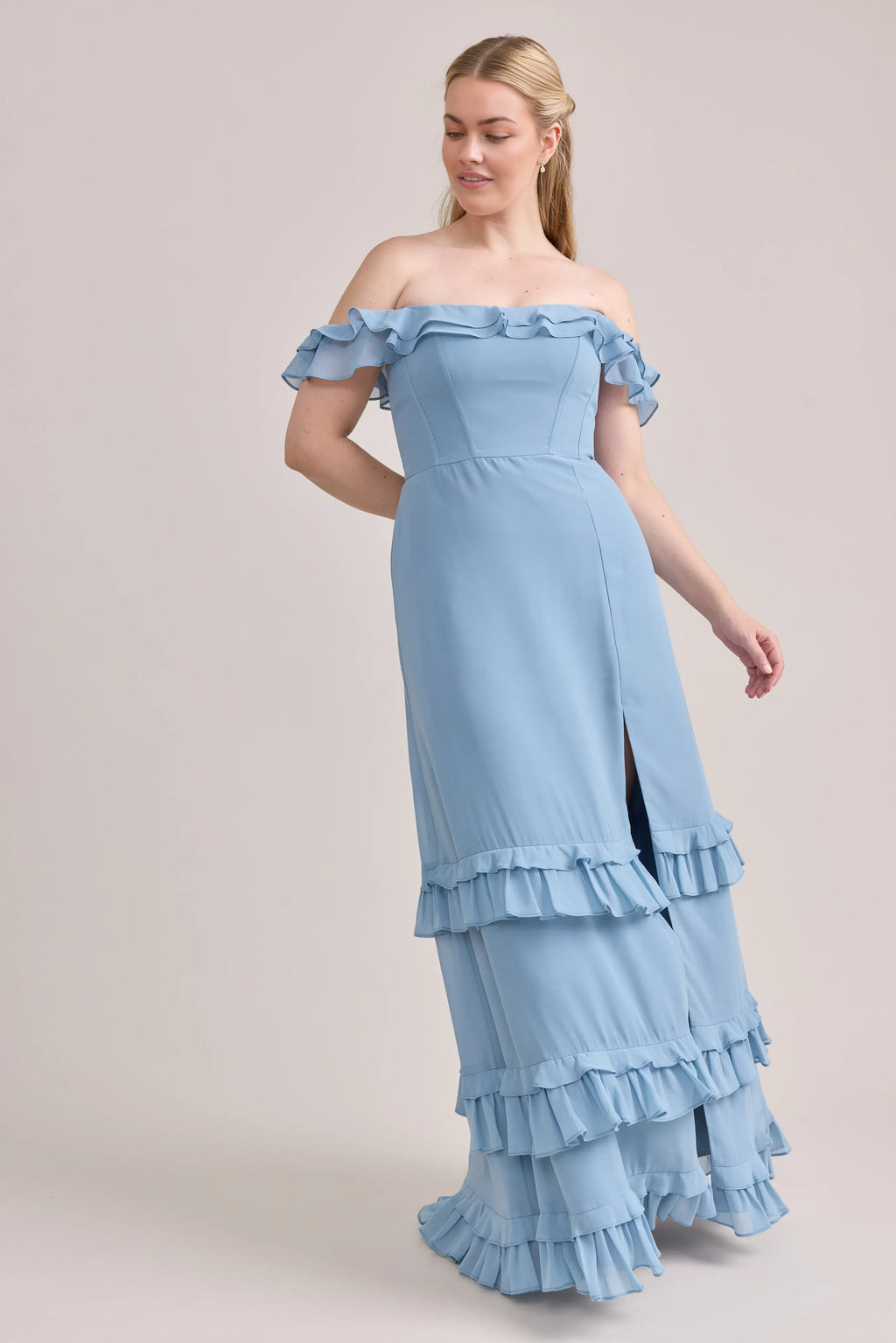 Fashion Fitted A-line Pointed Ruffle Neck Sleeveless Backless Ankle-Length Bridesmaid Dress