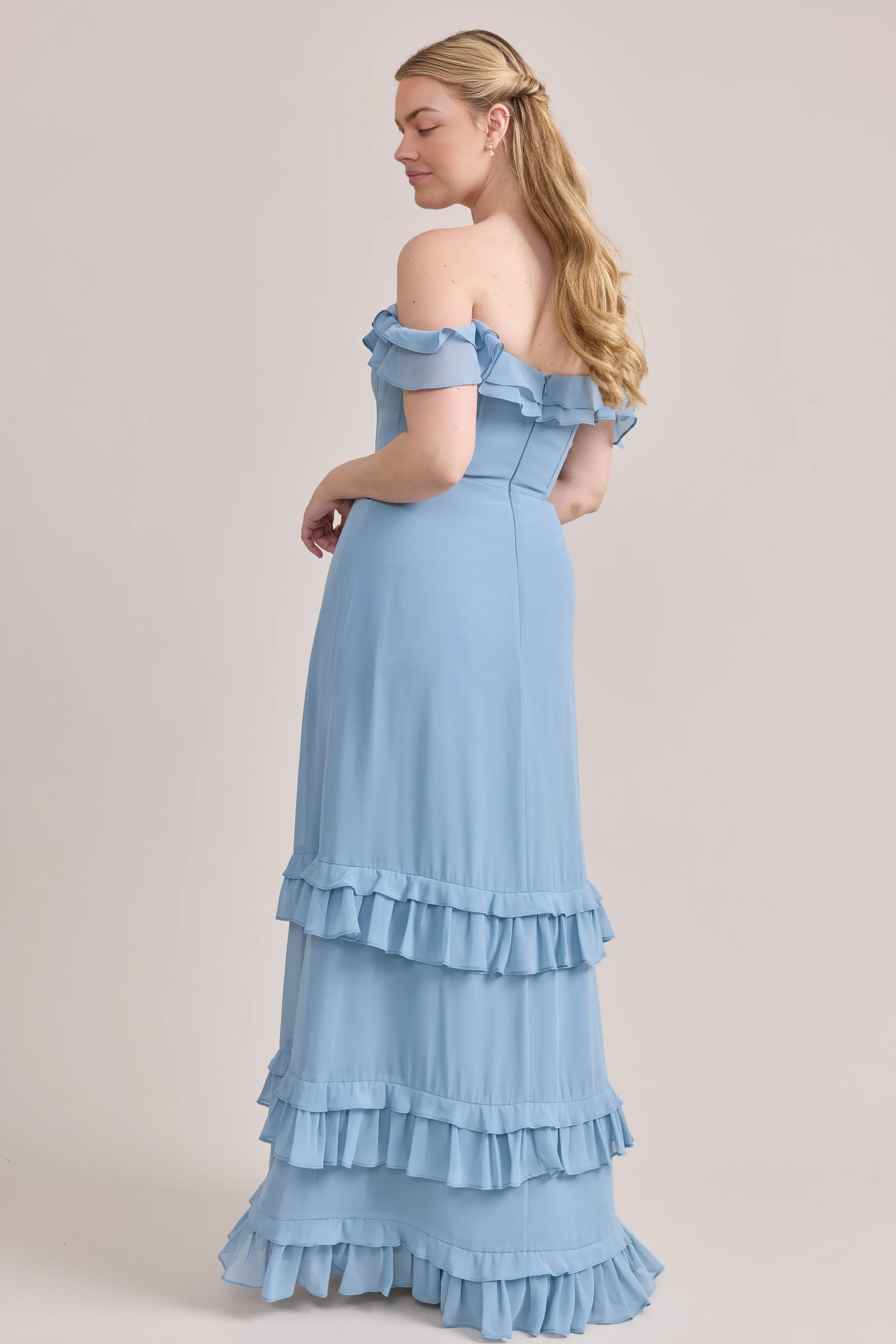 Fashion Fitted A-line Pointed Ruffle Neck Sleeveless Backless Ankle-Length Bridesmaid Dress