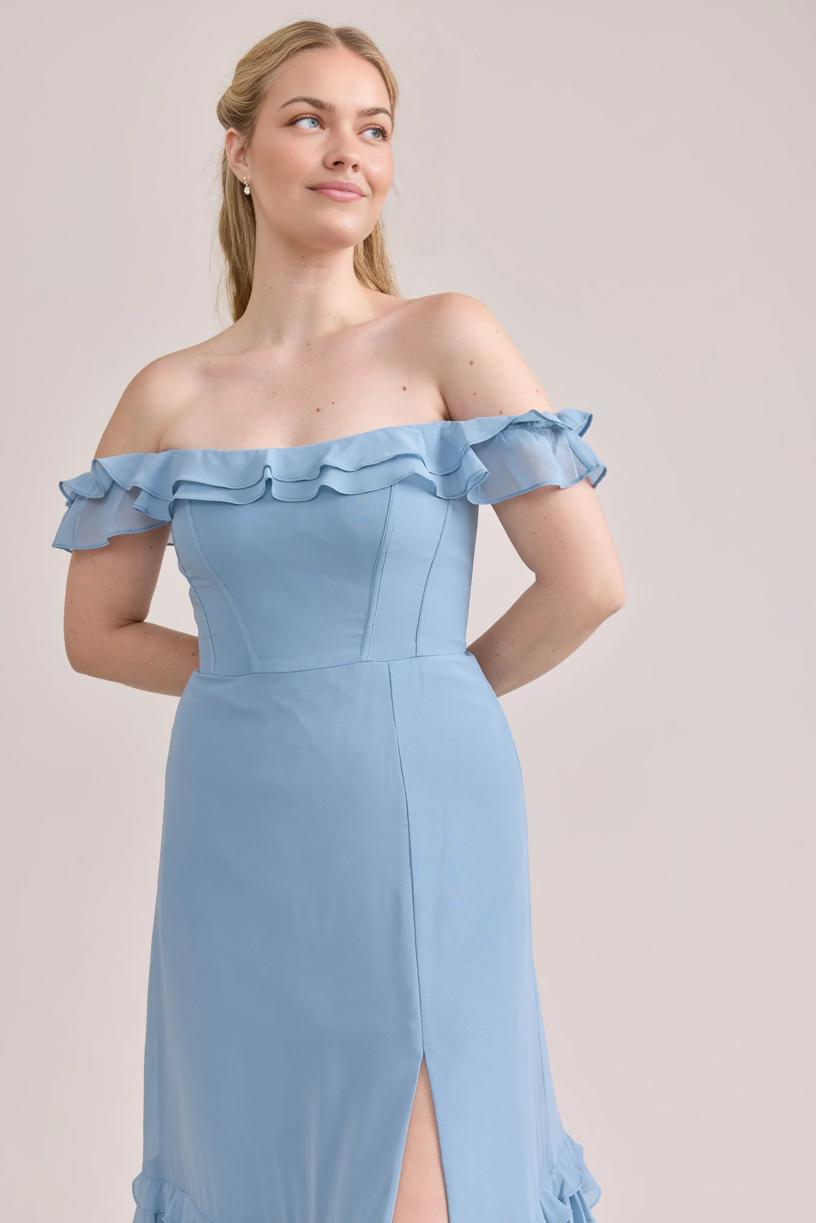 Fashion Fitted A-line Pointed Ruffle Neck Sleeveless Backless Ankle-Length Bridesmaid Dress