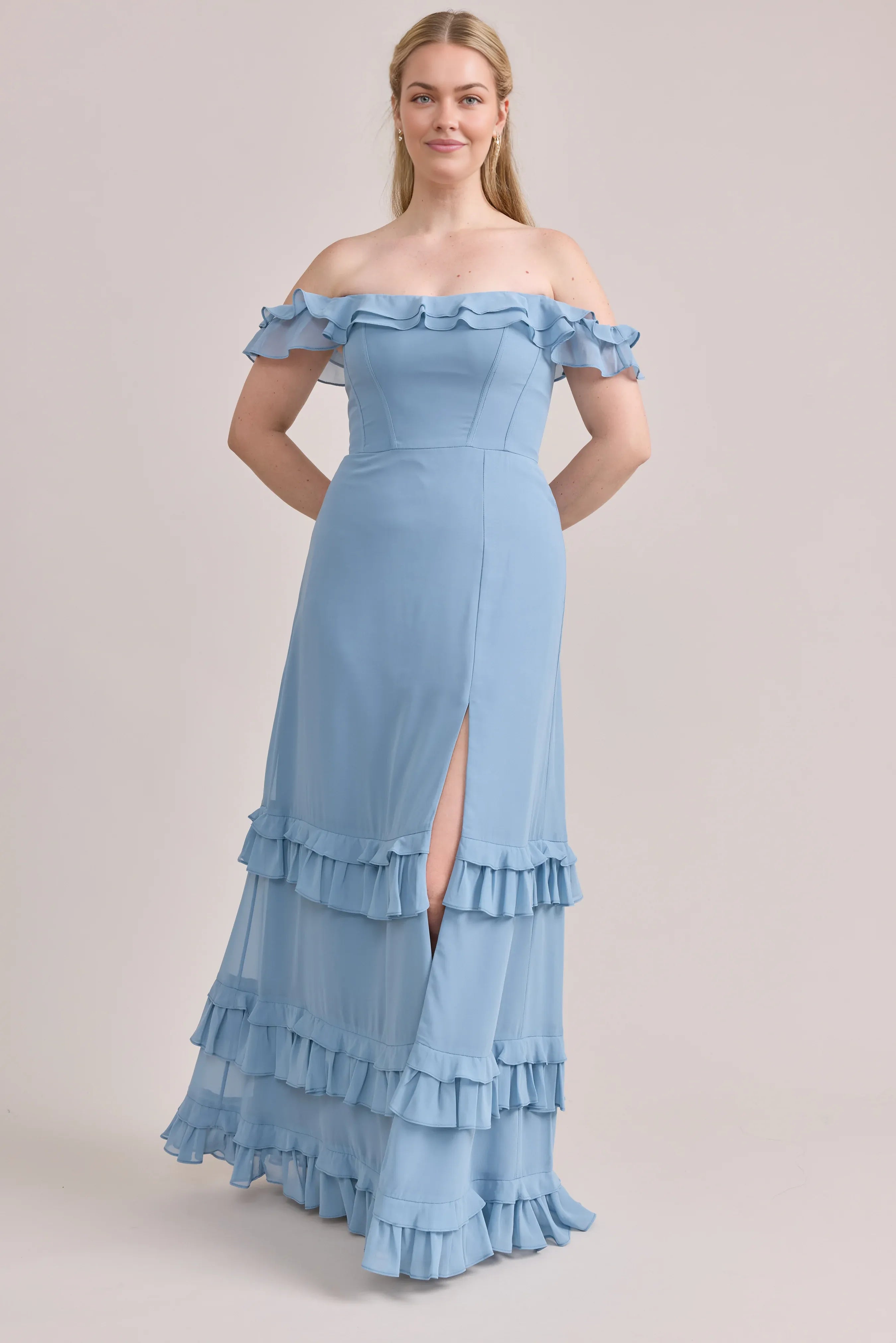 Fashion Fitted A-line Pointed Ruffle Neck Sleeveless Backless Ankle-Length Bridesmaid Dress