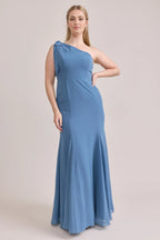 Fashion Fitted Trumpet One Shoulder Sleeveless Backless Ankle-Length Bridesmaid Dress