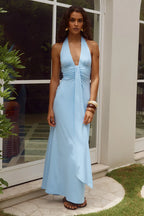 Fashion Flattering Halter Neck Sleeveless Pleated Floor-Length Prom Dress