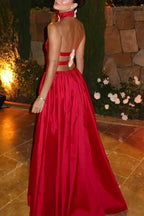 Fashion Halter Neck Sleeveless A-Line Pleated Floor-Length Party Dress