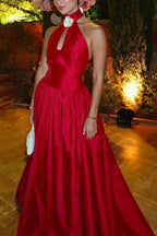 Fashion Halter Neck Sleeveless A-Line Pleated Floor-Length Party Dress