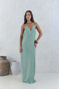 Green Fashion Halter Tie V Neck Backless Pleated Floor-Length Dress Straight Tube Sleeveless Solid Color Prom Dress