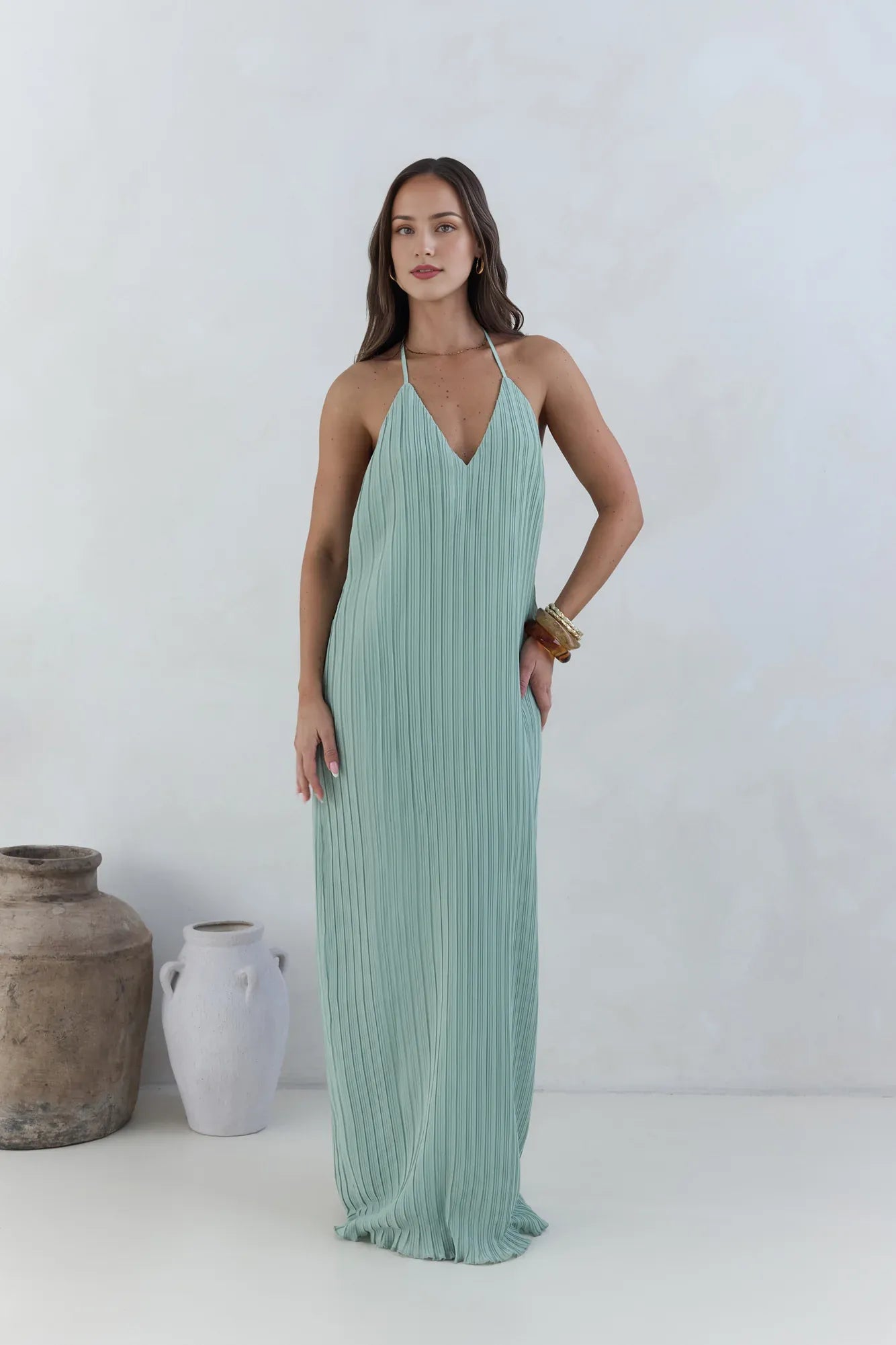 Green Fashion Halter Tie V Neck Backless Pleated Floor-Length Dress Straight Tube Sleeveless Solid Color Prom Dress