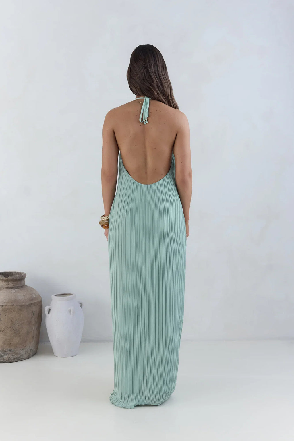 Green Fashion Halter Tie V Neck Backless Pleated Floor-Length Dress Straight Tube Sleeveless Solid Color Prom Dress